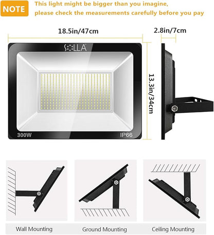 SOLLA 300W LED Flood Light Outdoor, 1600W Equivalent, 24000LM Super Bright Arena Lights, IP66 Waterproof, 6000K Daylight White, LED Commercial Lights for Sports Fields and Counts