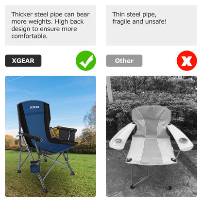 XGEAR Portable Camping Chair for Adutls - Heavy Duty Outdoor Camp Chairs - Folding Lawn Chair with Padded Hard Armrest Cup Holder Storage Pocket - Collapsible for Outdoor Fishing Garden