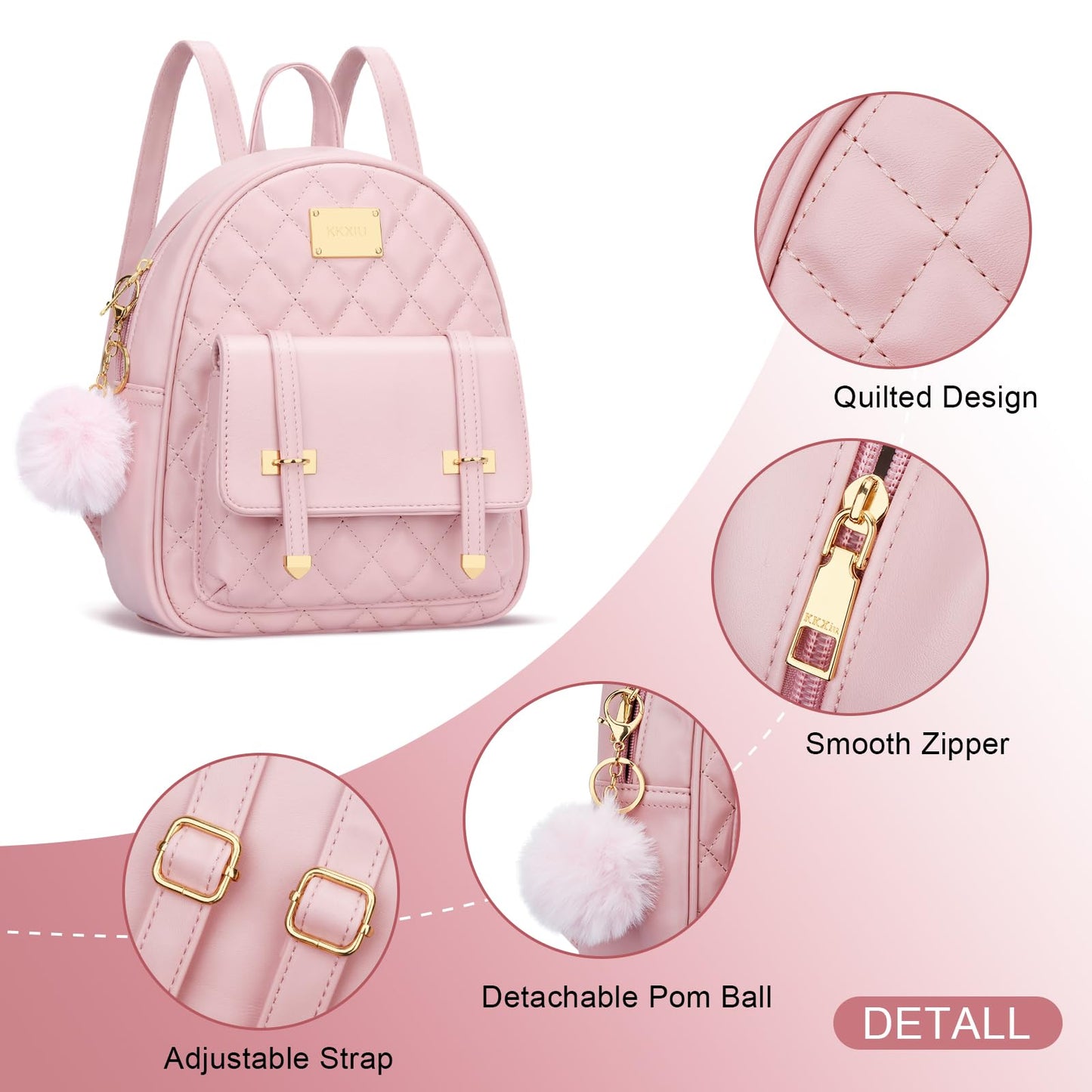 KKXIU Girls Small Backpack Purse Vegan Leather Quilted Mini Daypack for Women Trendy Bookbag (Pink)