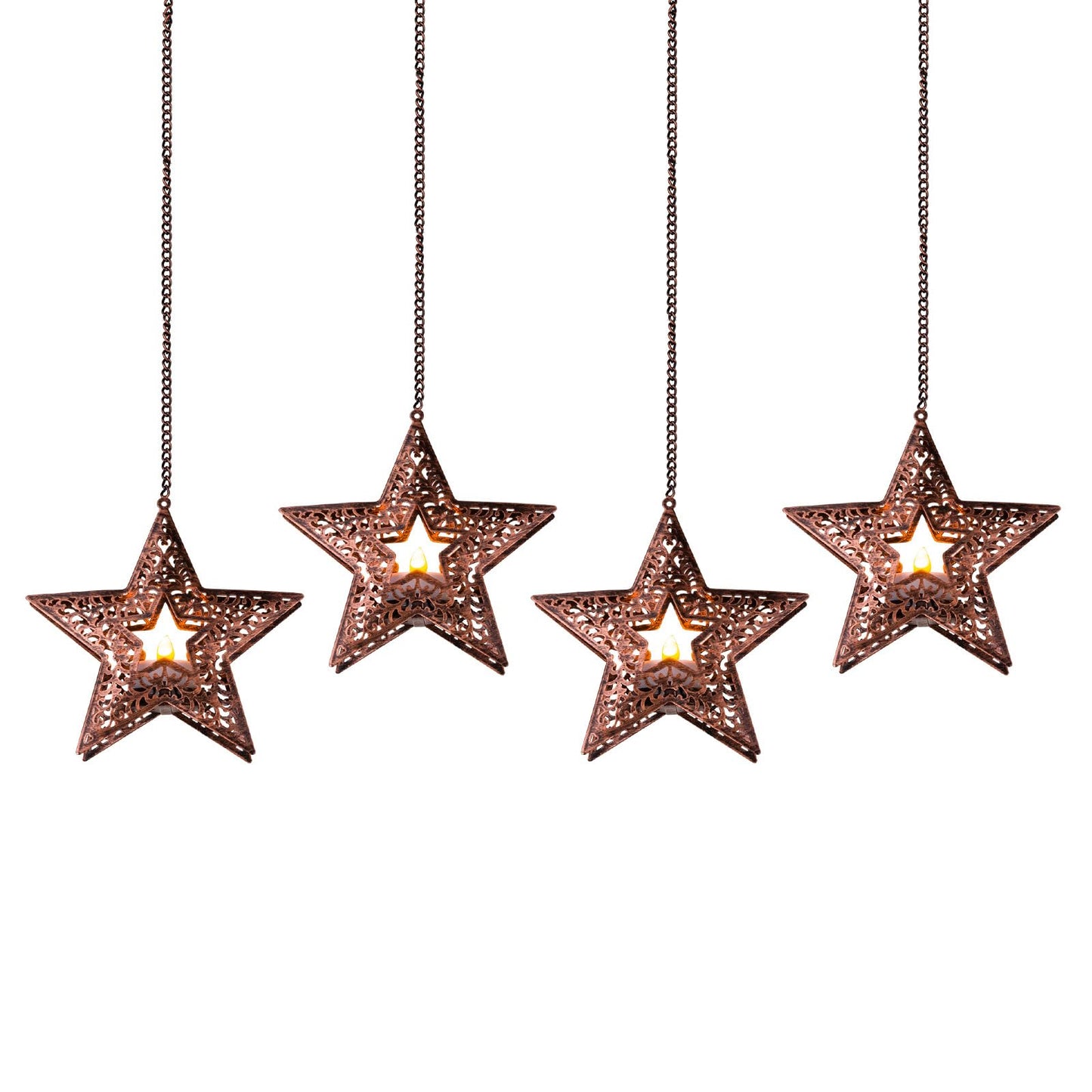 Hanging Solar Lights for Outside Trees, 4 Pack 6-Inch Hanging Star Lantern with Solar Tea Lights Outdoor Waterproof Chandelier, Patriotic Star Lights for 4th of July Decorations Porch Patio Pergolas