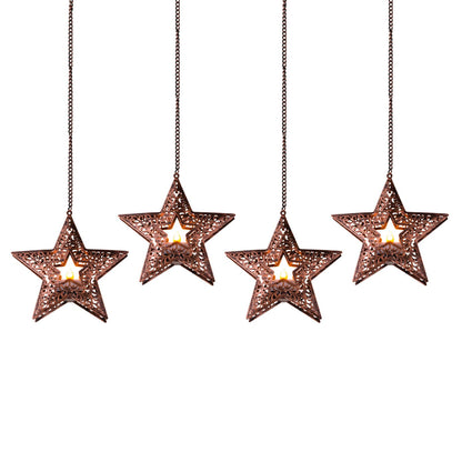 Hanging Solar Lights for Outside Trees, 4 Pack 6-Inch Hanging Star Lantern with Solar Tea Lights Outdoor Waterproof Chandelier, Patriotic Star Lights for 4th of July Decorations Porch Patio Pergolas