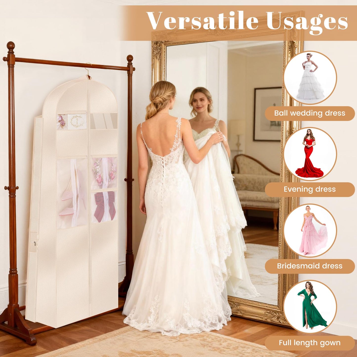 TANGKA Upgraded Version 72" Wedding Dress Garment Bag Dress Bags for Gowns Bridal Dress Travel Bag with 12”Gusseted and Accessory Pockets for Wedding Dress, Puffy Gowns, Equipped with Shoulder Straps