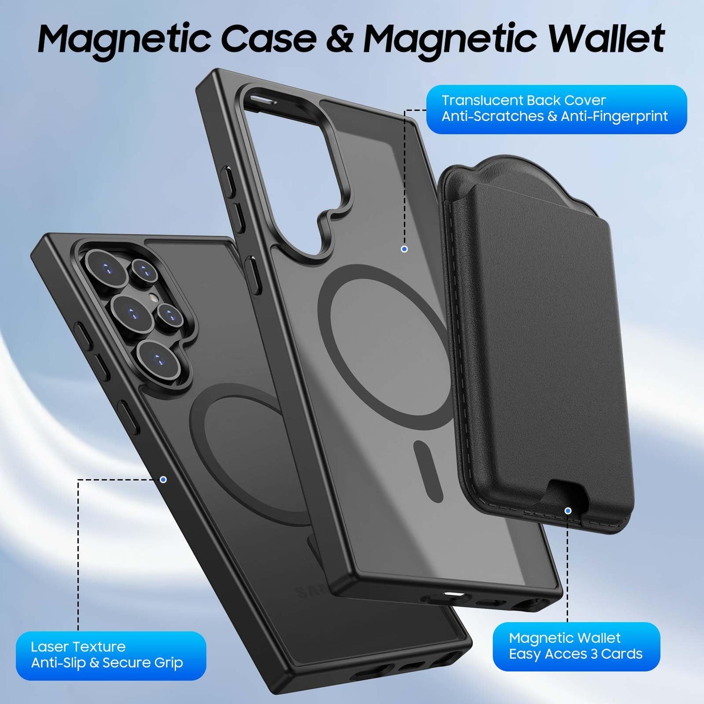 Ntwinro Magnetic for Samsung Galaxy S24 Ultra Case, Detachable Magnetic Wallet with Card Holder, [Fit for MagSafe] Military-Grade Shockproof Translucent Matte Anti-Scratch Phone Case, Black
