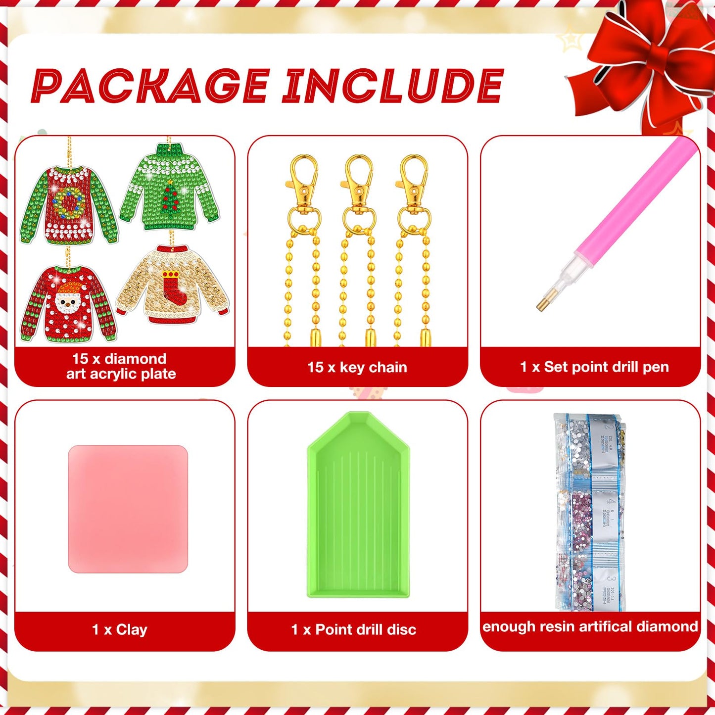 Estune 15 Pcs Christmas Diamond Painting Keychain Kits Christmas in July Party Sweater Theme 5d DIY Diamond Art Kits for Adults Xmas DIY Crafts Hanging Ornaments Home Decor