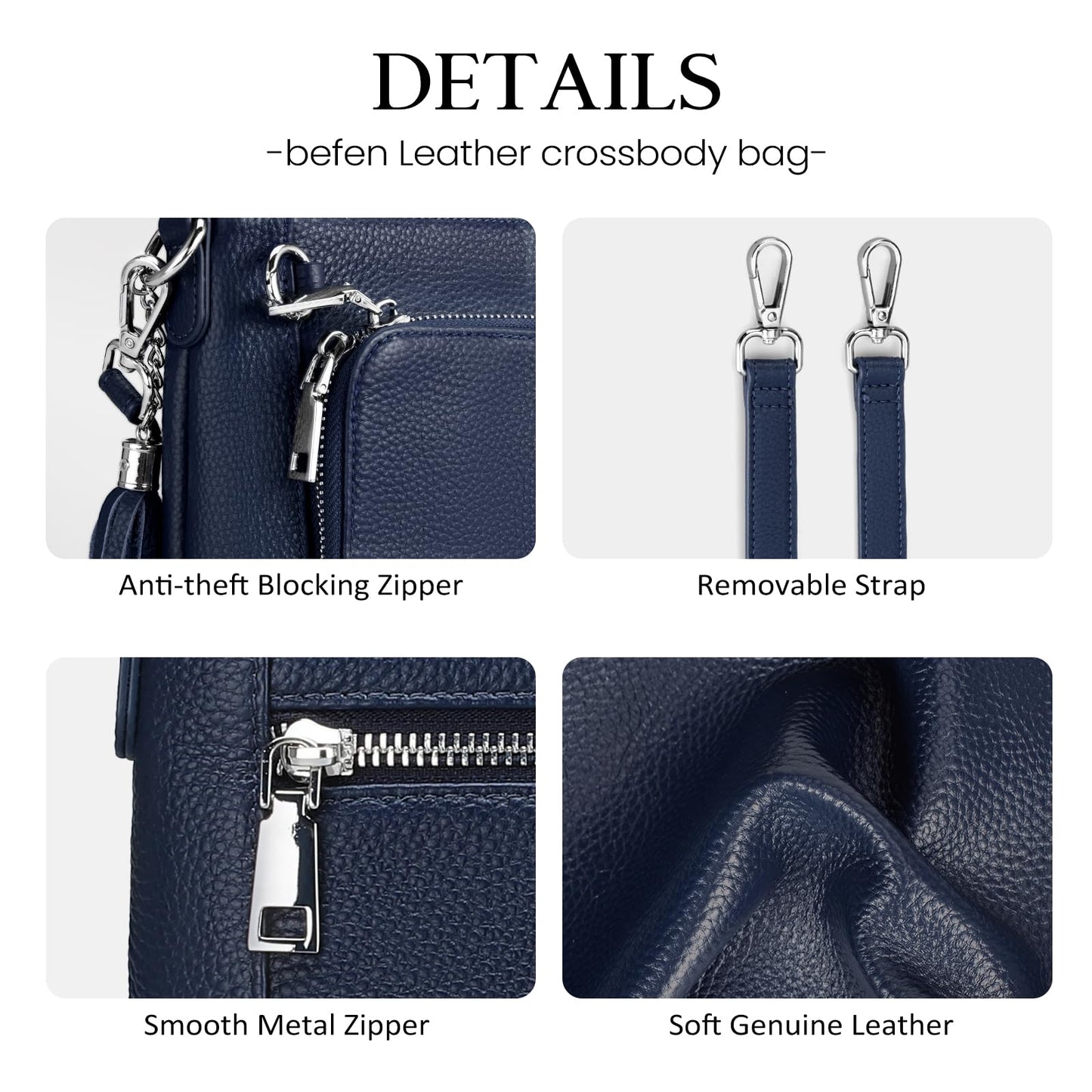 befen Genuine Leather Crossbody Bags for Women, RFID Blocking Leather Purse with Built in Wallet, Anti Theft Crossbody Bags for Women, Travel Purse with Removable and Adjustable Strap, Navy Blue