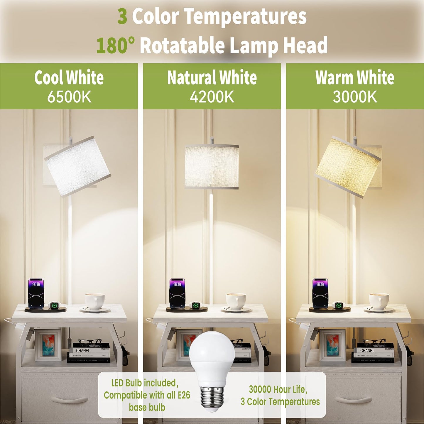 runjuly Floor Lamp with Table, End Tables with Lamps Attached 3-Color Temperature Bulb, Side Table with Lamp with 2 Drawers & Charging, Lamps Tables Combo for Bedroom, Dorm, Apartment - White