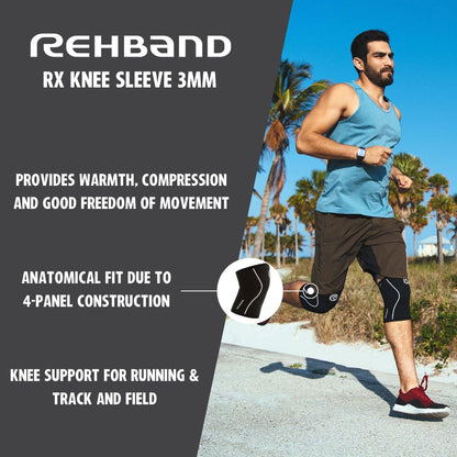 Rehband Knee Sleeve 3mm Neoprene, Lightweight Knee Brace for Endurance and Ball Sports, Unisex Compression Starter Knee-Sleeves, Breathable Running Knee Support, Colour:Black, Size:Large
