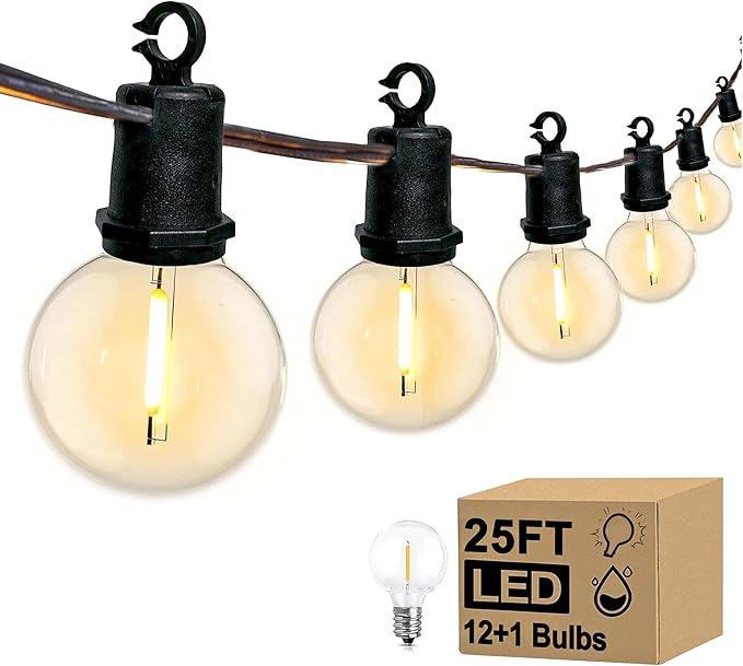 25Ft LED G40 Globe Outdoor String Lights Waterproof Patio Lights with 13 Shatterproof Warm White Bulbs, Hanging Light for Backyard Balcony Wedding Christmas Party Decorations, Black Wire
