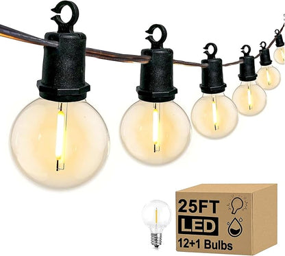 25Ft LED G40 Globe Outdoor String Lights Waterproof Patio Lights with 13 Shatterproof Warm White Bulbs, Hanging Light for Backyard Balcony Wedding Christmas Party Decorations, Black Wire