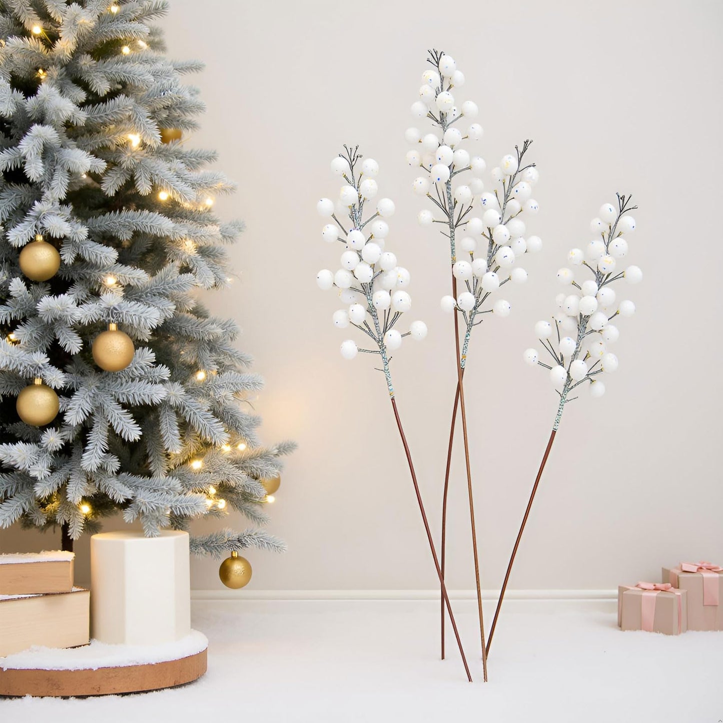 Uabwim 24Pack Christmas Picks Glitter Berries Stems Artificial White Berry Branches Holly Picks Stems Christmas Tree Ornaments for DIY Xmas Wreath Crafts Gifts Holiday Home Decor (White)