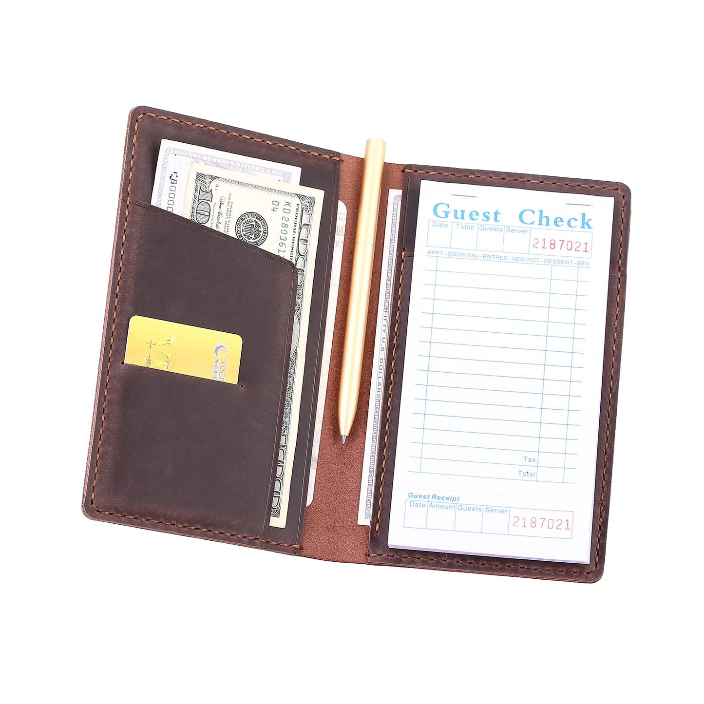 Fasjosma Server Books for Waitress,Leather Restaurant Guest Check Presenters Card Holder for Waitress,Restaurant Waitstaff Organizer with Money Pocket,Waiter Accessories Fit Server Apron-Coffee