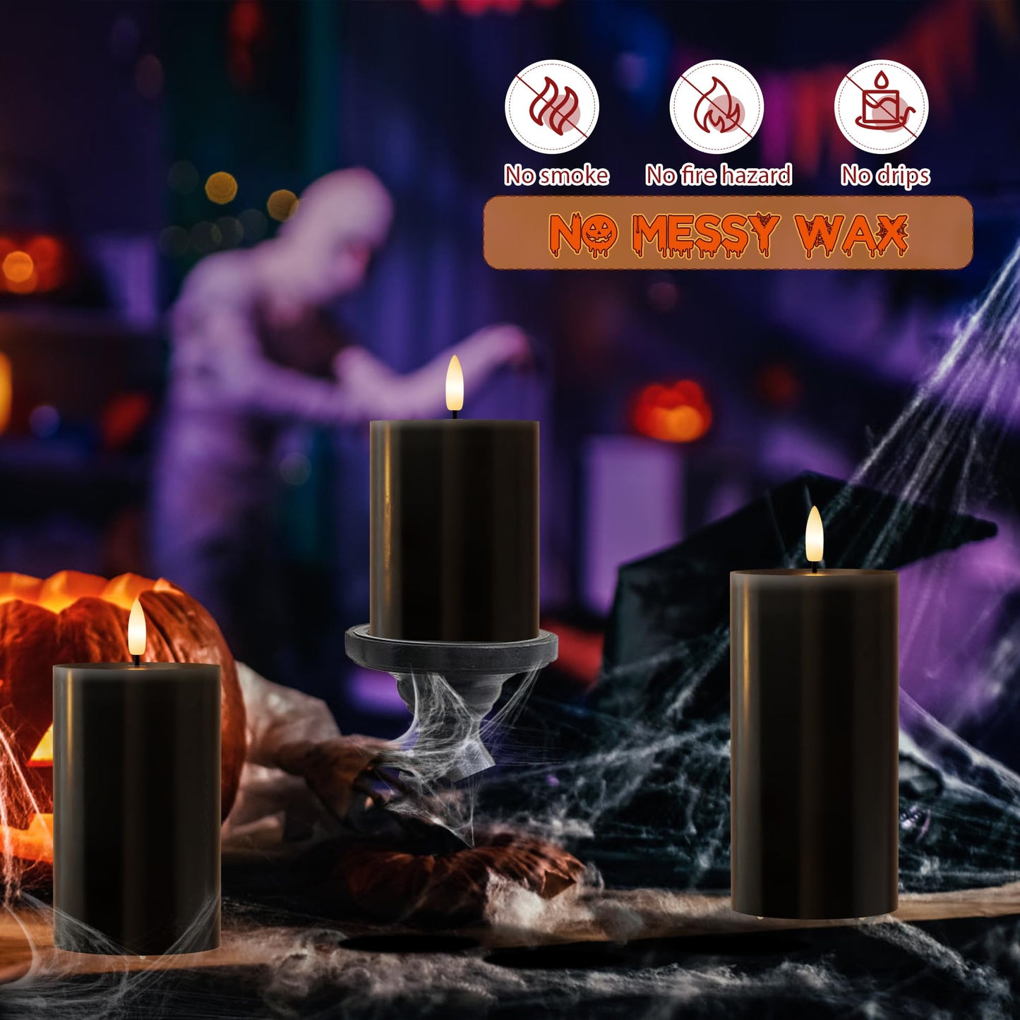 AFINETH Black Flameless Candles, Halloween Candles with Remote, Battery Operated Gothic LED Candles, Real Wax Flickering Flameless Pillar Candles for Home, Party, Halloween, 3 Pack