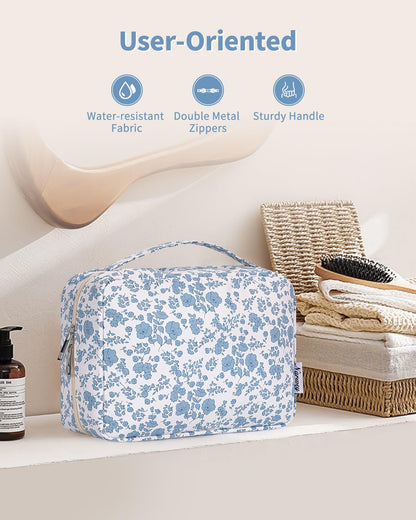 Narwey Small Hanging Travel Toiletry Bag for Women, Travel Bag for Toiletries, Floral Makeup Bag Organizer Cute Cosmetic Bags Make Up Bags for Girls (Little Blue Flower)