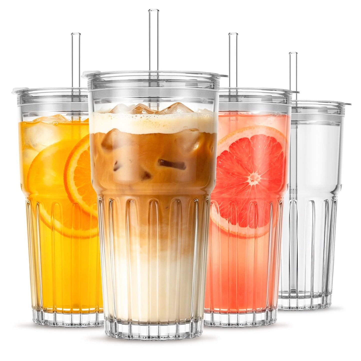 INSETLAN 20 oz Clear Glass Tumbler Set with Lids and Straws – 4-Pack Iced Coffee Cups with Glass Straws & Brushes, Reusable Drinking Glasses for Smoothies, Tea, Juice, Beer, Cold Beverages