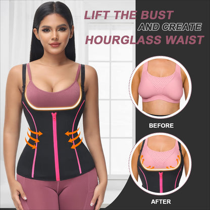 YADIFEN Waist Trainer Vest for Women,Zipper Corset Body Shaper for Tummy Control Neoprene Cincher Tank Top with Straps (Black-Pink, XS)