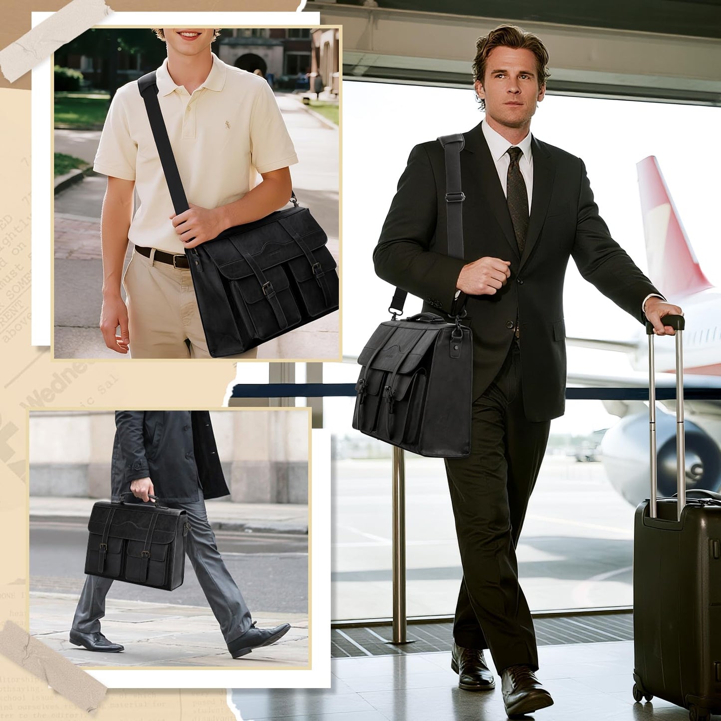 RAINSMORE Mens Messenger Bag 17 Inch Vintage Leather Laptop Briefcase Magnetic Closure Large Satchel Computer Shoulder Bag for Office Travel College, Black