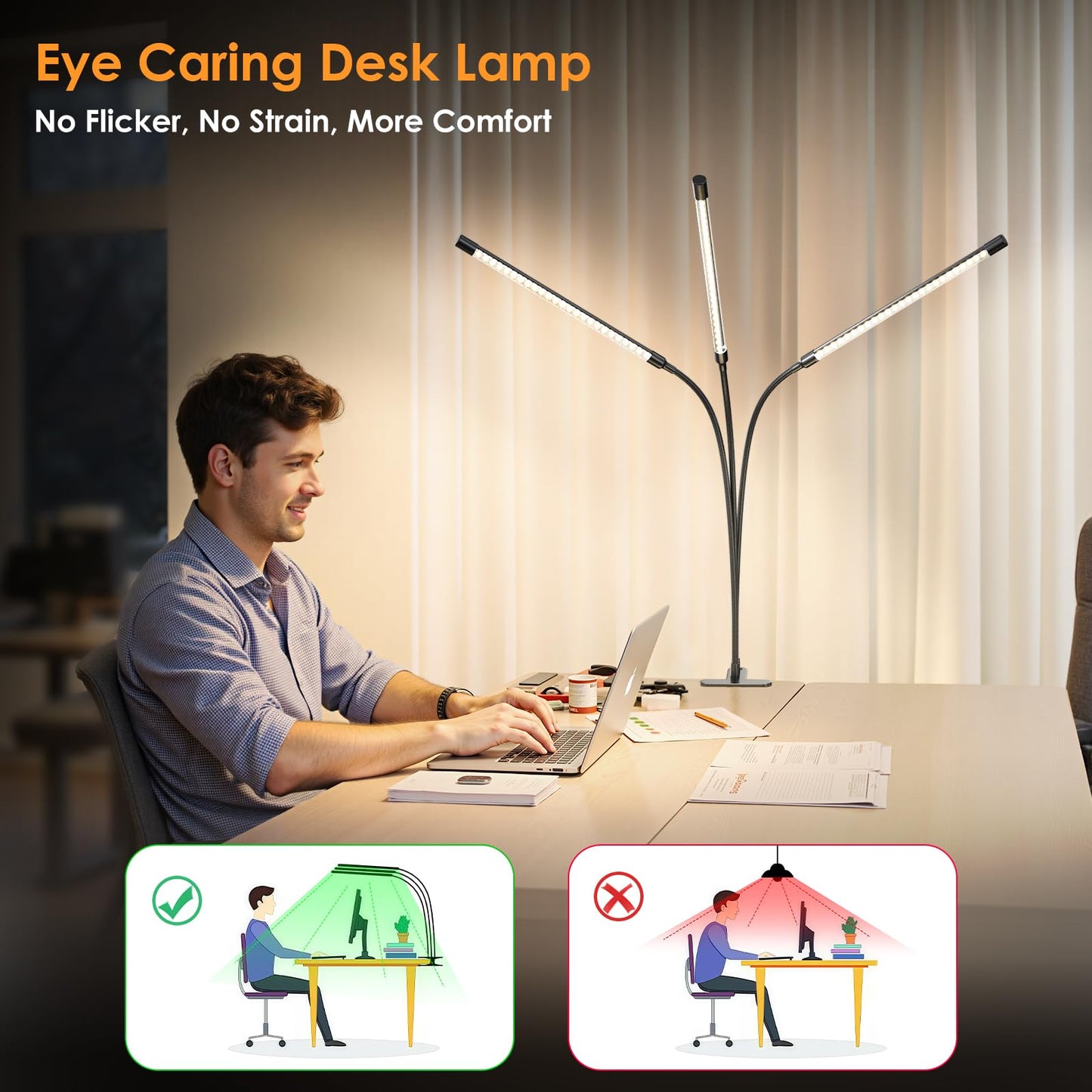 ShineTech LED Desk Lamp with Clamp, 3-Head Adjustable Gooseneck Task Lamps, Eye-Caring Stepless Dimming, 4 Color Modes, Memory & Auto-Off Timer, Clip On Desk Light for Home Office, Study, Reading