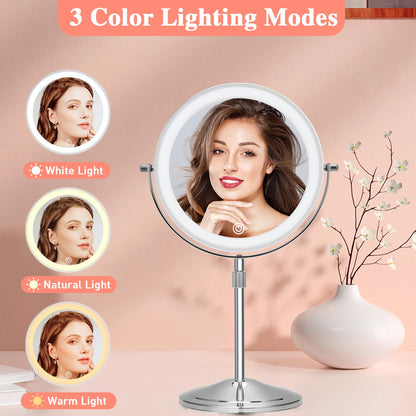 Lighted Makeup Mirror with Magnification, 10X 8’’Rechargeable Double Sided Vanity Mirror with Lights Magnifying Makeup Mirror with 3 Color Light with 360° Rotation, Detachable Base