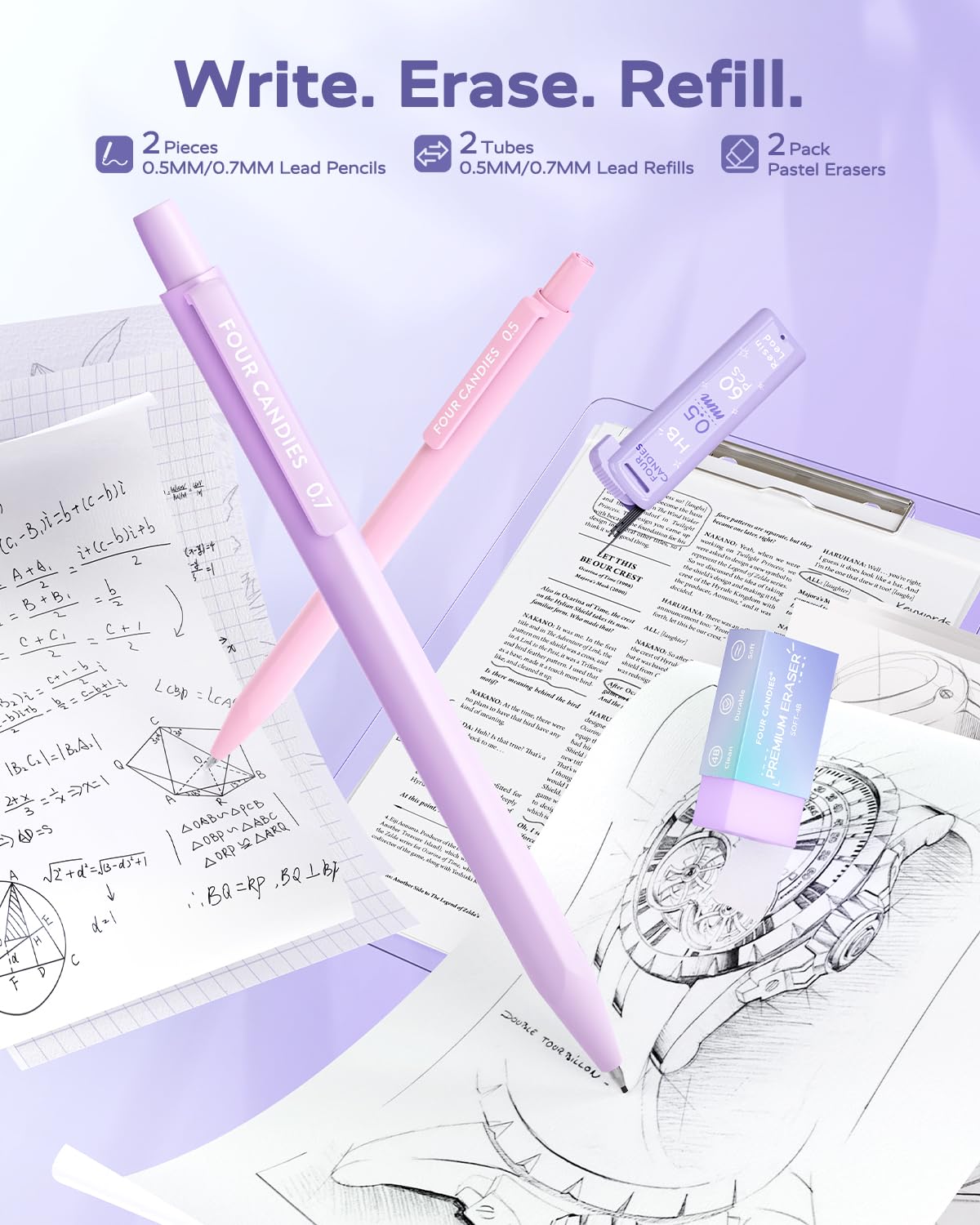 Four Candies Purple School Supplies, Gel Pens with Black Ink,Correction Tapes,Pastel Highlighters, Mechanical Pencils, Sticky Notes, Index Post for Bible Study Stationary College Essentials