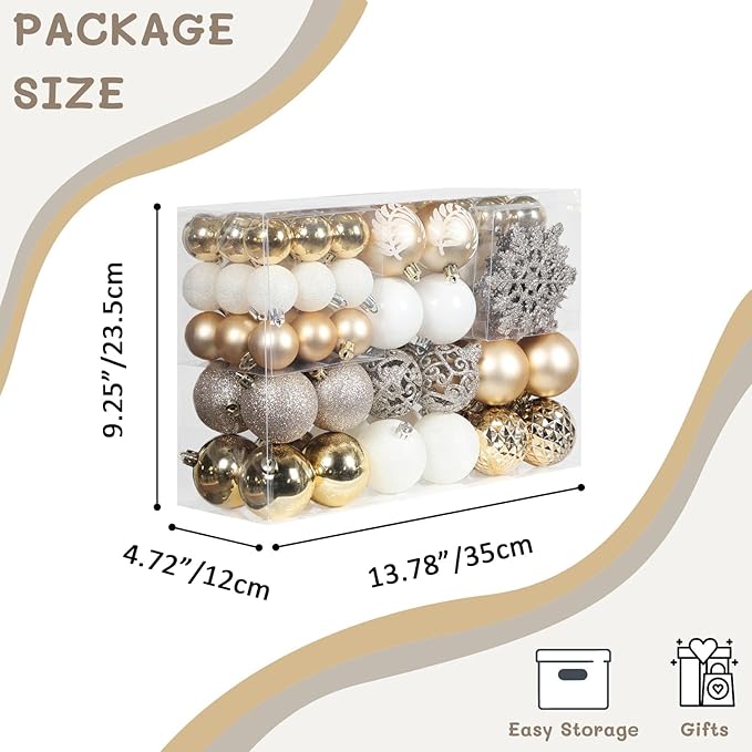 SY CRAFT 86 Pieces of Assorted Shatterproof Christmas Ball Snowflake Ornaments Seasonal Decorative Hanging Ornament Set with Hand-held Gift Package for Xmas Tree Decorations (86PCS, Champaign Gold)