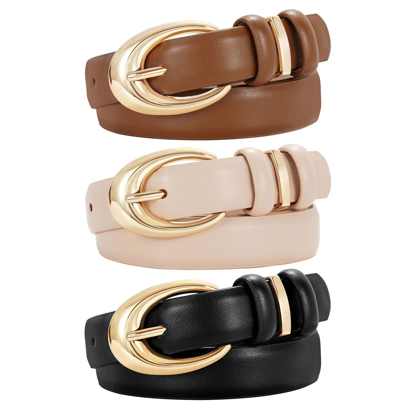 TRIWORKS 3 Pack Women Leather Belt for Jeans Pants Fashion Ladies Faux Leather Belt with Gold Buckle