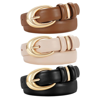 TRIWORKS 3 Pack Women Leather Belt for Jeans Pants Fashion Ladies Faux Leather Belt with Gold Buckle