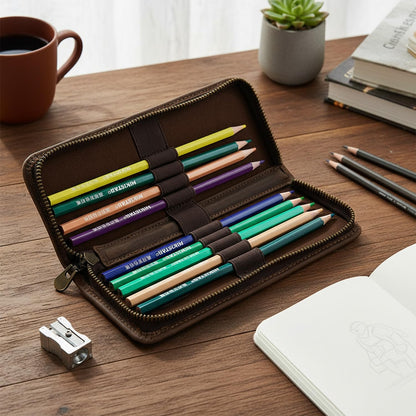 Acidea Genuine Leather Pencil Case Organizer, Coffee Style Leather Storage Pen Pouch for Pencils, Markers, Pens and Art Supplies, 10 Wooden Pencils Portable Pen Case Storage for Man Woman Office