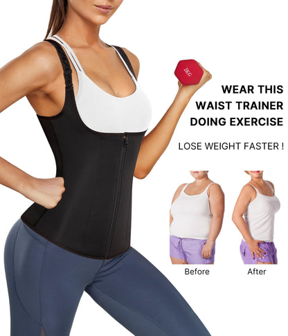 Nebility Women Waist Trainer Corset Zipper Vest Body Shaper Cincher Tank Top with Adjustable Straps (XL, Black)