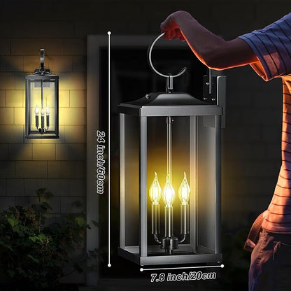24" Extra Large Dusk to Dawn Outdoor Wall Light, Black 3-Light Waterproof Exterior Wall Mount Porch Lantern, Modern Outside Wall Sconce Coach Light with Clear Glass, E12, 1-Pack