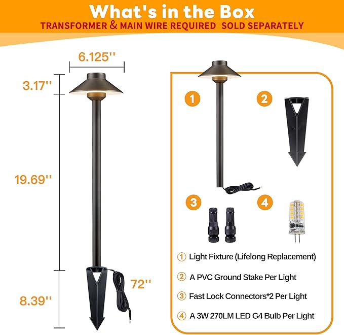 Gardenreet Brass Low Voltage Path Lights, 12V Landscaping Pathway Light IP65 Waterproof, Wired Walkway Lighting Outdoor, LED Bronze for Lawn Backyard with 3W 3000K Soft White G4 Bulb (12 Pack)