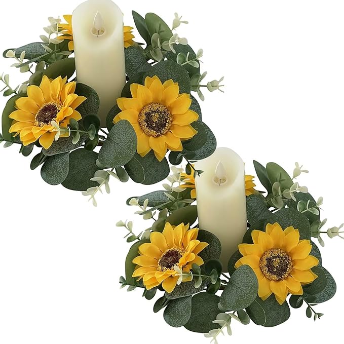 2 Pcs Artificial Sunflower Candle Rings, Fake Sunflower Candle Wreaths Ring Artificial Yellow Flower Leaves Wreath Fake Floral Candles Rings for Wedding Party Decorations
