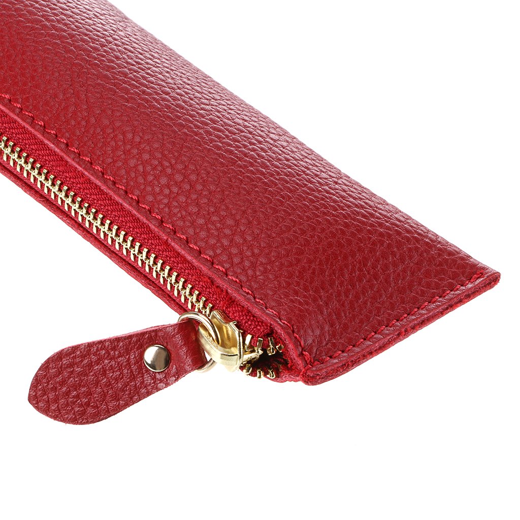 BTSKY Genuine Leather Pencil Case - Zippered Pen Case Stationery Bag Zipper Pouch Pencil Holder (Red)