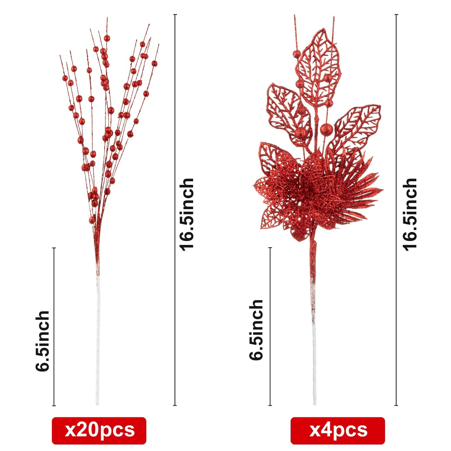 24 Pack Christmas Tree Ornaments - Artificial Flowers Glitter Berry Stems Christmas Floral Picks Branches for Xmas Tree Decorations Vase Filler Holiday Wedding Party Home Decor (Red)