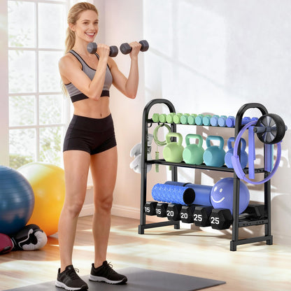 YaDonpe 3 Tier Dumbble Rack - 360LB Capacity Adjustable Dumbbell Storage Rack Space-Saving Home Gym Weight Rack For Dumbbells And Kettlebells With Hooks (Dumbbell Rack Stand Only)（Matte Black （29.96''Length））