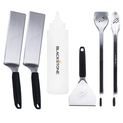 Blackstone 5464 Griddle Tool Kit Outdoor Indoor Grill BBQ Utensils Cooking Accessories-Heat Resistant– 2 Long Spatulas, 2 Angled Scraper Classic Tong, 1 (32oz) Squeeze Bottle, Black, Silver, White