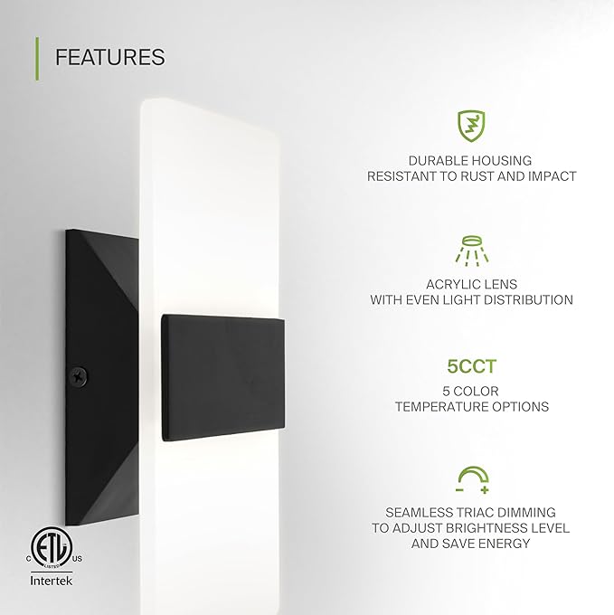ASD 8 Inch LED Indoor Wall Sconce - Modern Interior 10W 120V 2700K-5000K Adjustable Dimmable Wall Mounted Light Fixtures, Acrylic Glass Wall Lights for Stairway, Hallway - ETL, Matte Black 2 Pack