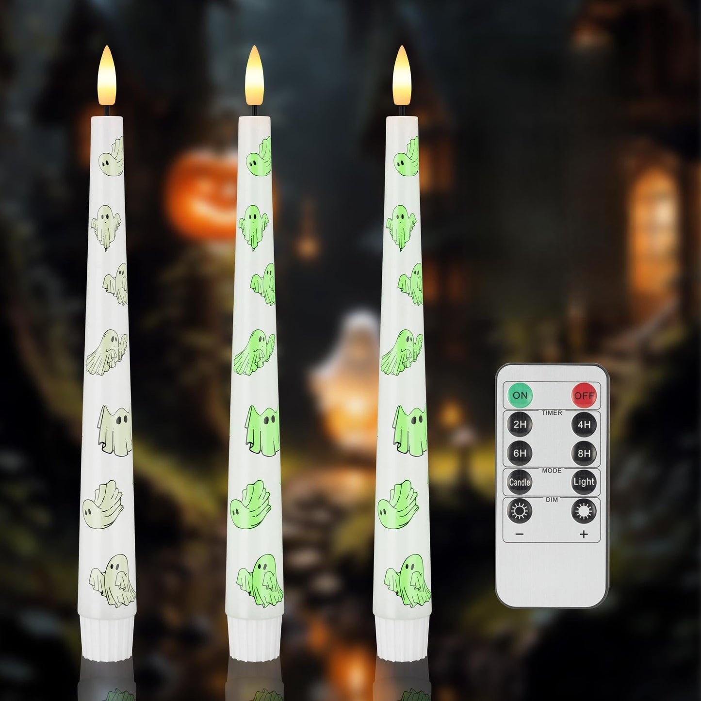 AFINETH Halloween Flameless Taper Candles with Ghosts Glow in The Dark, Real Wax Battery Operated Candles with Remote, 3 Pack Flickering Halloween Led Candlesticks for Party Home Decor