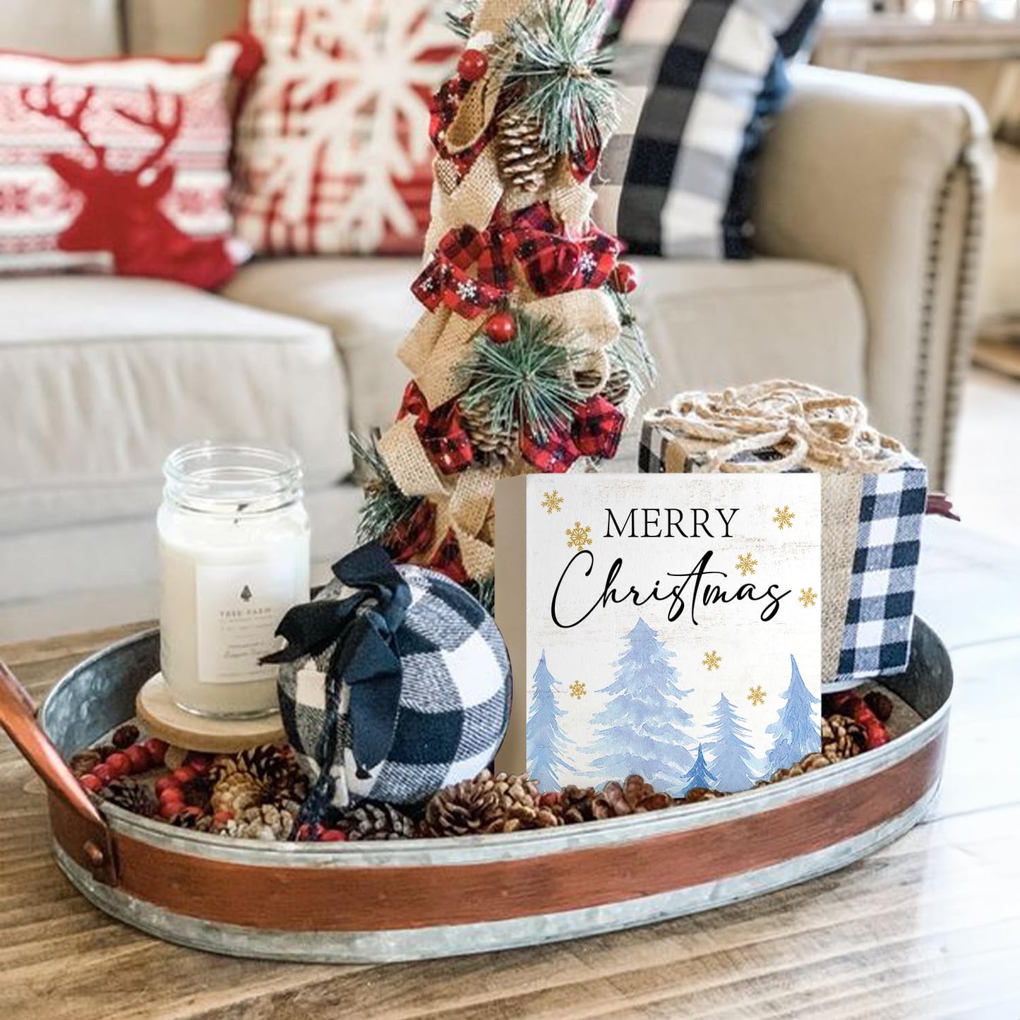 Mtrgdn Blue Christmas Decor Wooden Box Sign,Rustic Merry Christmas Sign for Bedroom Bathroom Home Office Desk Shelf Wall Decor,Blue Xmas Tree Decorations Gifts for Women Girls,5x5 Inch