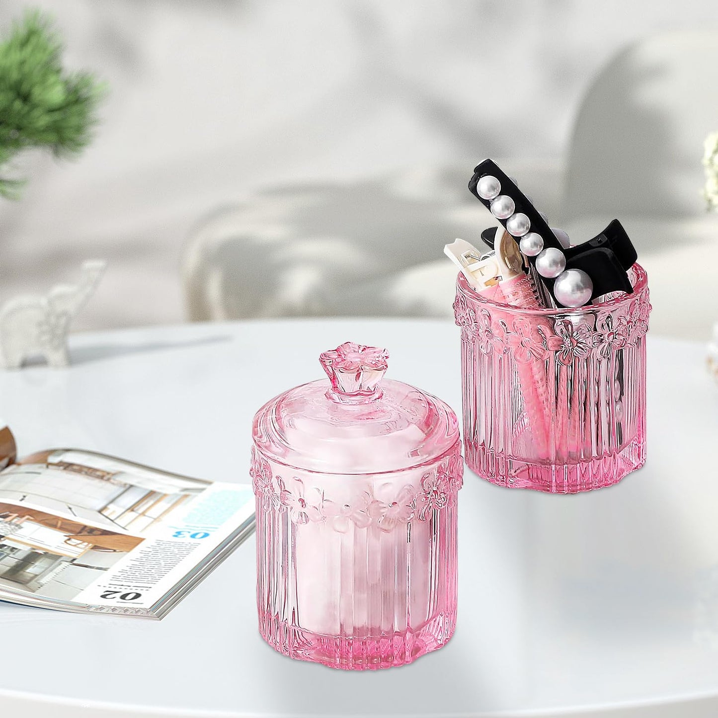 2 Pack Qtip Holder Glass Bathroom Storage Canisters for Cotton Rounds, Apothecary Jars with Lids, Cute Crystal Beauty Eggs Makeup Pads Dispenser, Candy Container Floss Organizers (Pink)