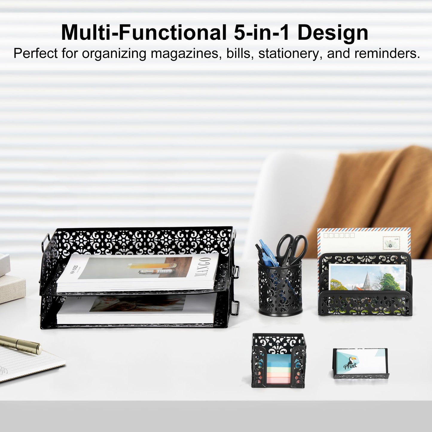 EasyPAG Desk Organizers and Accessories 5 Pieces Office Supplies Set - 2 Tier Paper Tray, Pencil Organizer for Desk, Mail Sorter Countertop, Business Card Holder and Sticky Note Holder, Black