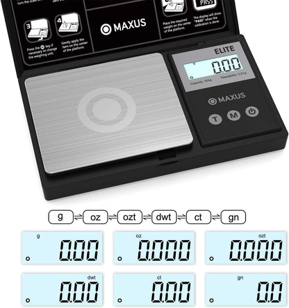 MAXUS Digital Pocket Gram Scale 500g x 0.01g High Precision with Tray, Weighs Small Food, Jewelry, Ounces, Grains, LCD Display, Tare Function