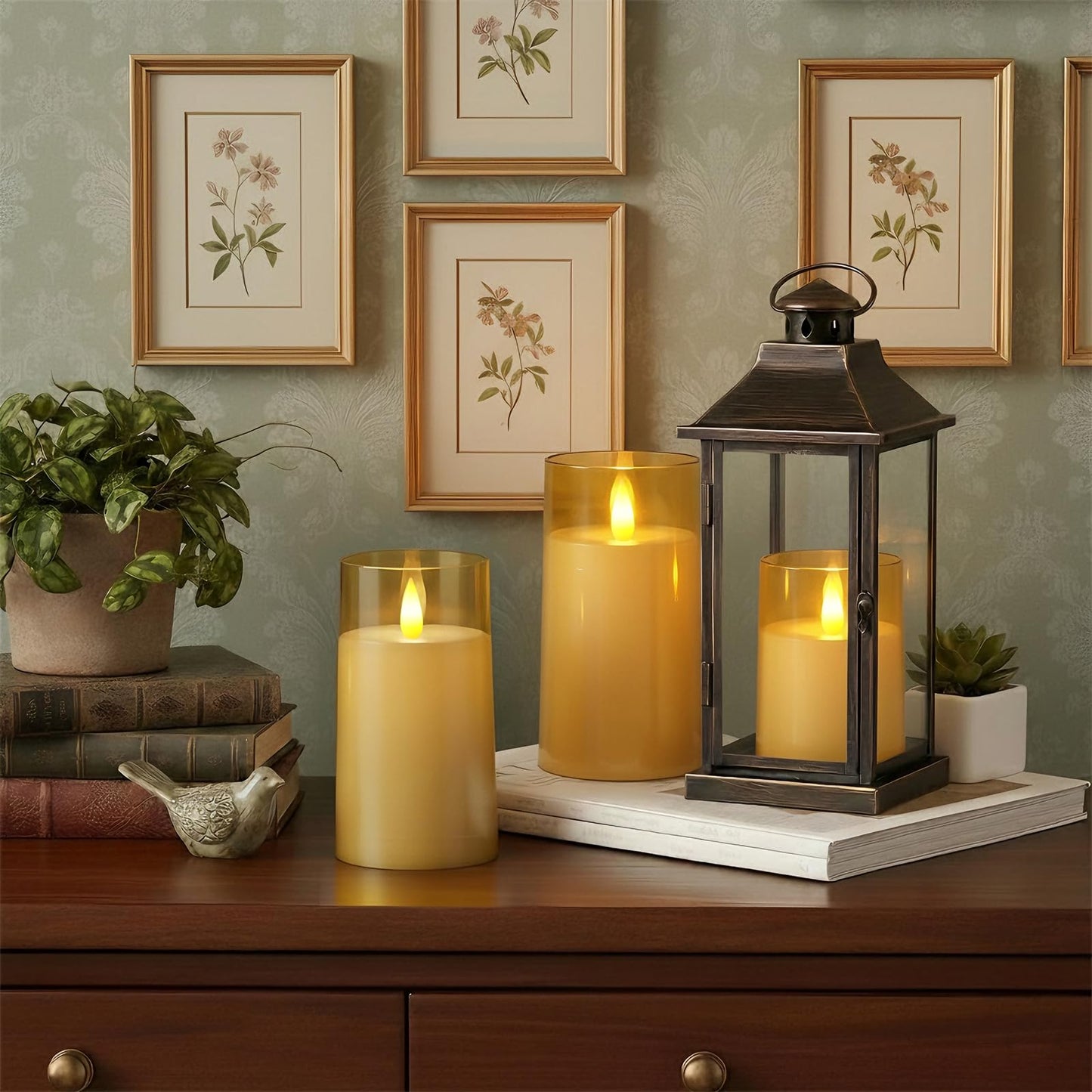 Raycare Flameless Electronic Pillar Candles with Remote Control and Timer- Battery Operated Realistic Flickering LED Fake Candle for Home, Wedding, Valentine's Day Decor, Gold,Set of 3(3"x4"5" 6")