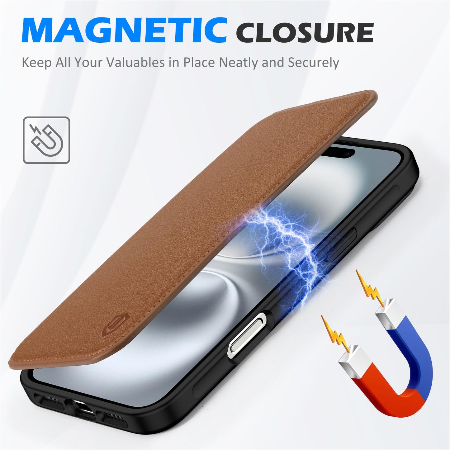 SHIELDON Wallet Case for iPhone 16 Plus 5G 6.7", Genuine Leather Slim RFID Blocking Card Case Folio Magnetic Shock-Absorbent Wireless Charging Compatible with iPhone 16 Plus - Saddle Brown