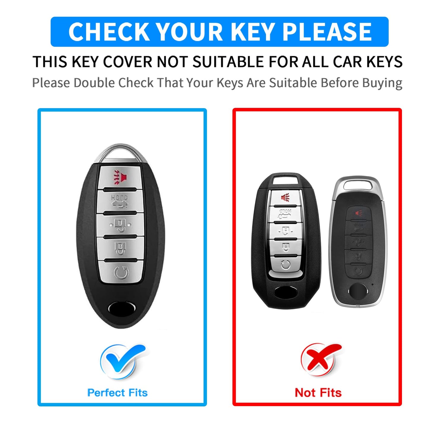 QBUC for Nissan Genuine Leather Key Fob Cover Protective Case with Keychain for Rogue Pathfinder Murano Armada Frontier Sentra Altima Versa Titan Maxima Titan Xterra 5-Buttons(Black Leather)