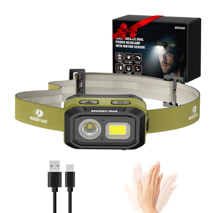 Mossy Oak 600 Lumens LED Headlamp, Dual Power Source, Motion Sensor Head Lamp with Magnetic Base, Stepless Dimming, Memory Mode for Camping, Hiking, Work, Repair, Mechanic