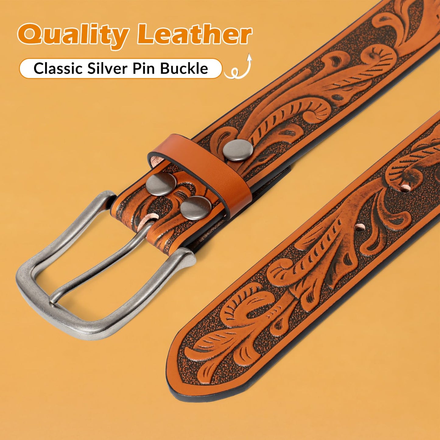 UpFind Boys Western Leather Belt Engraved Kids Cowboy Belt with Pin Buckle for Jeans Pant School Uniform Dress Up, 1.5" Wide