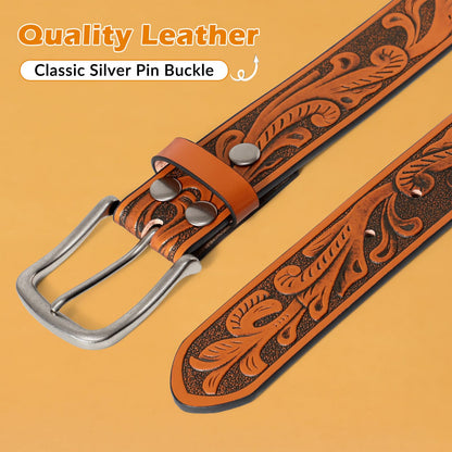 UpFind Boys Western Leather Belt Engraved Kids Cowboy Belt with Pin Buckle for Jeans Pant School Uniform Dress Up, 1.5" Wide