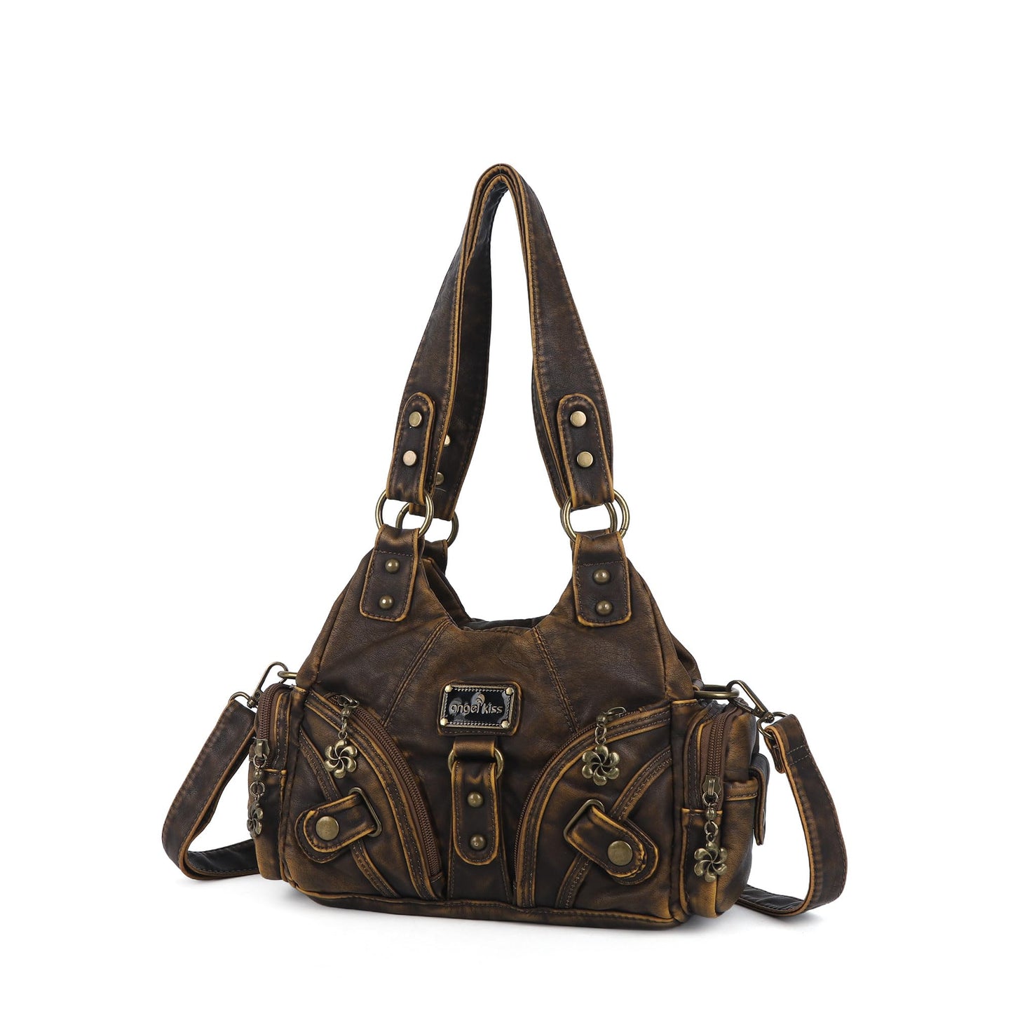 Angel Kiss Purses for Women Small Hobo Shoulder Bags Vagen Leather Multi-Pocket Tote Bag with Zipper (Retro Brown)