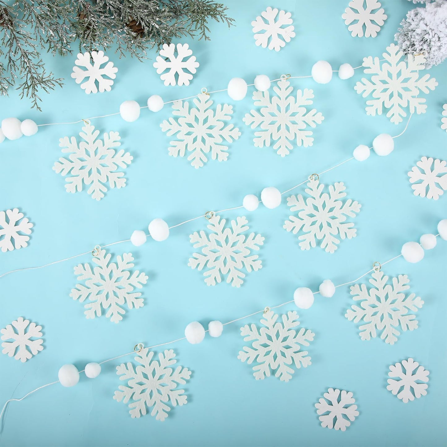 VioraWhite Christmas Decorations Felt Snowflake Banner Winter Pom Pom Hanging Garland Christmas White Snowflake Snow Ball String Banner for Winter Xmas Party Fireplace Mantle Decor