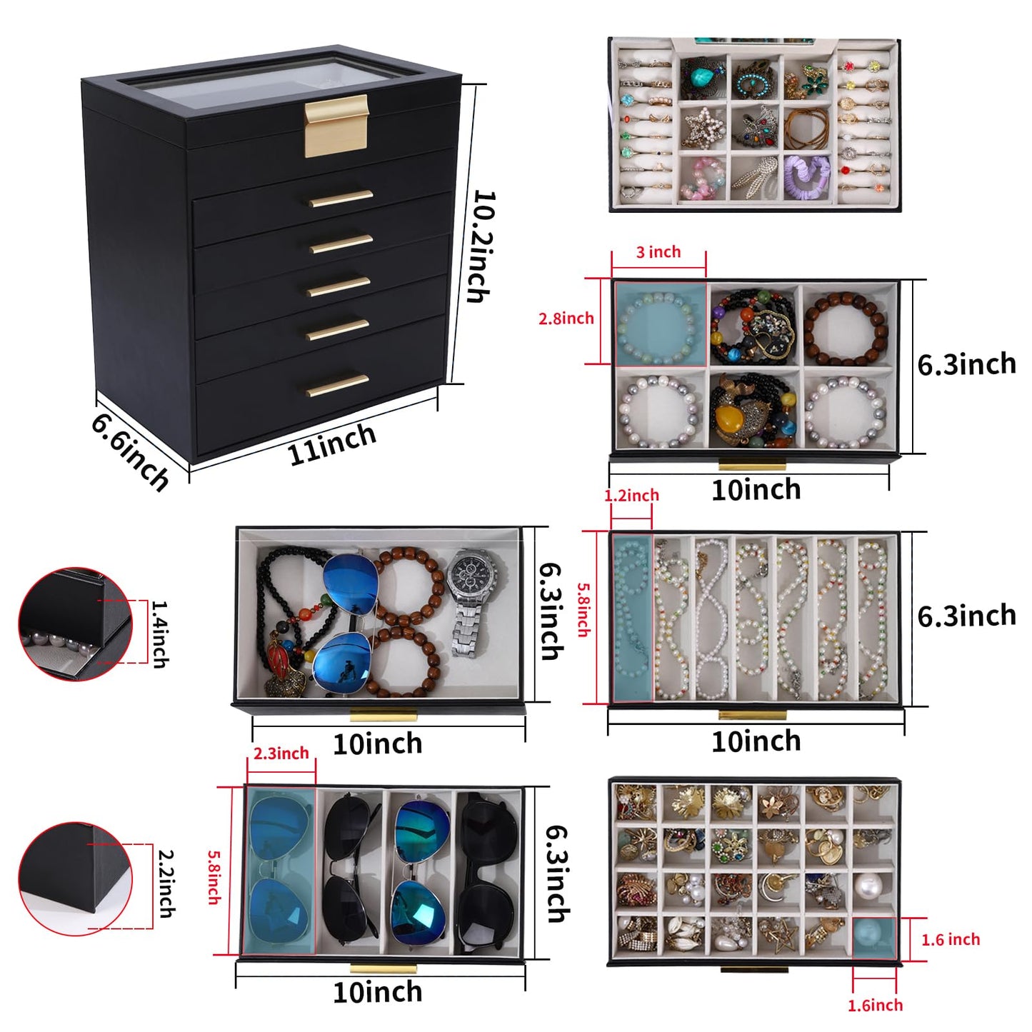 BOOVO Jewelry Boxes for Women, White and Black 6 Layer Large Jewelry Box for Necklace, Bracelet, Earrings, Rings Storage, Jewelry holder Organizer for Girls Gift (Clear Black, 6 layer)